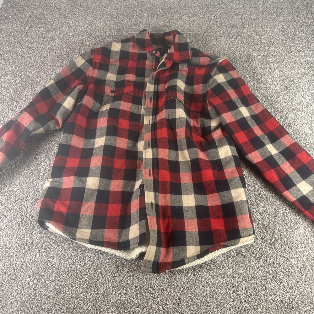J. Crew Red Black Check Plaid Flannel Primaloft Sherpa Lined Button Down Coat M